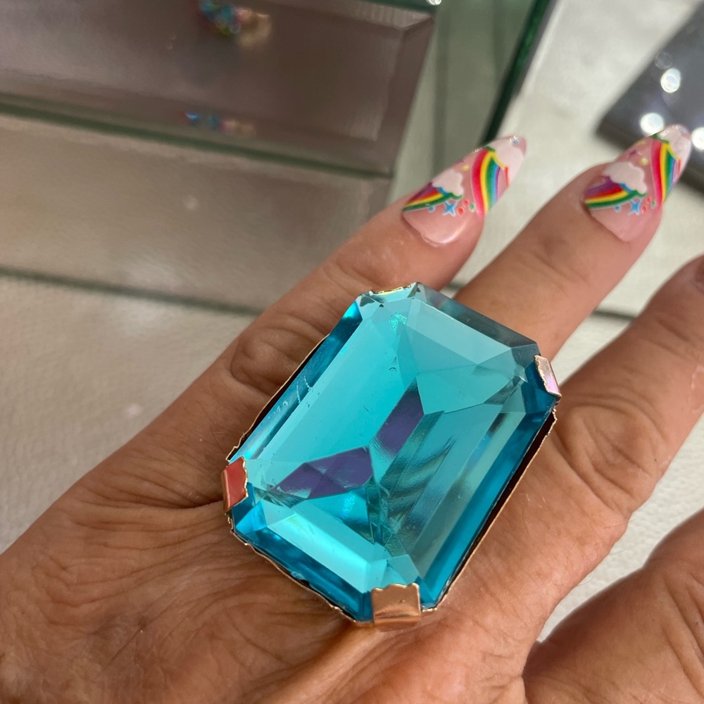 Source Unknown Large Aqua-Blue Emerald-Cut Statement Ring